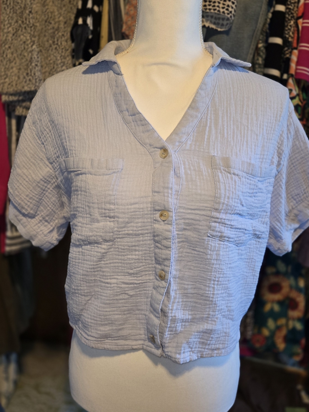 Love Notes Pale Blue Short-Sleeve Button Front Gauze Shirt